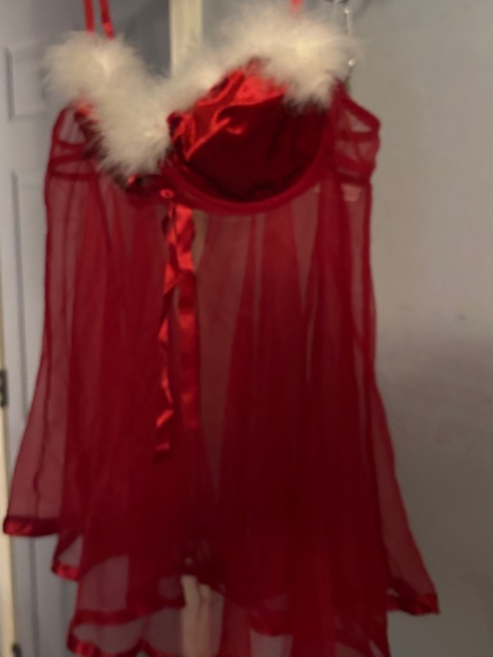 Secret Treasures Red Sheer Babydoll with White Feather Trim